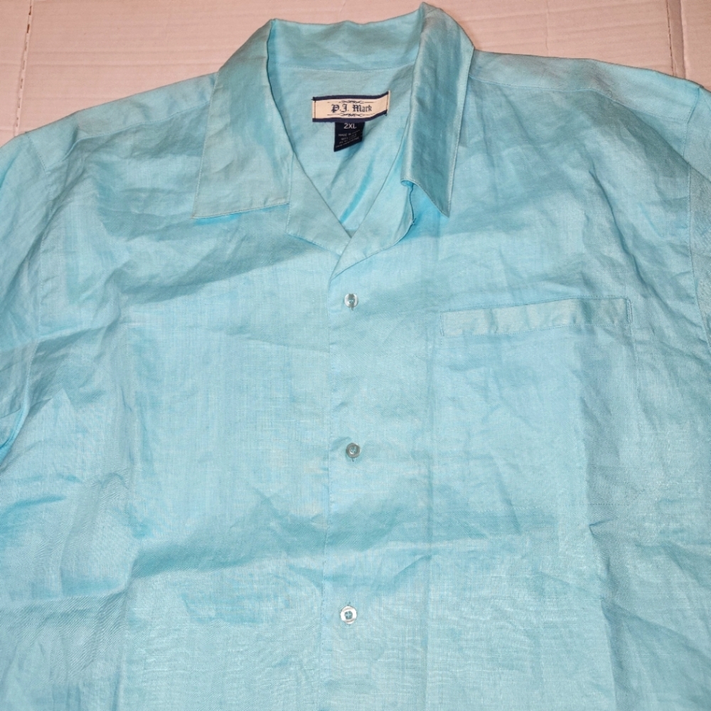 PJ Mark 100% Linen Short Sleeve Shirt Mens 2XL Sky Blue Beach Resort Casual